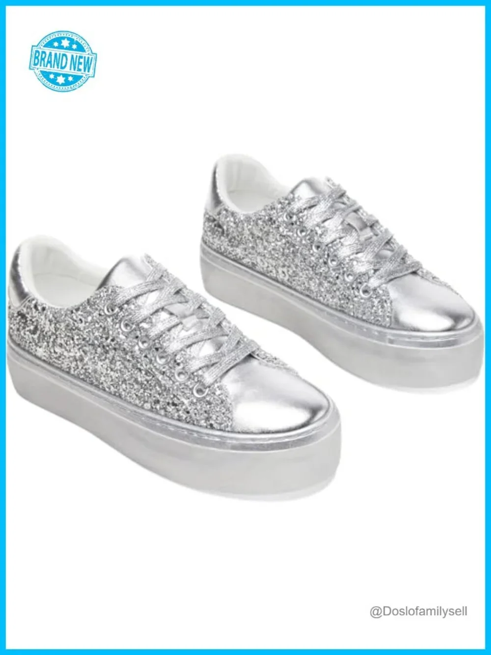 Glitter Platform Sneakers Lace-Up Chunky Low-Top Tennis Shoes